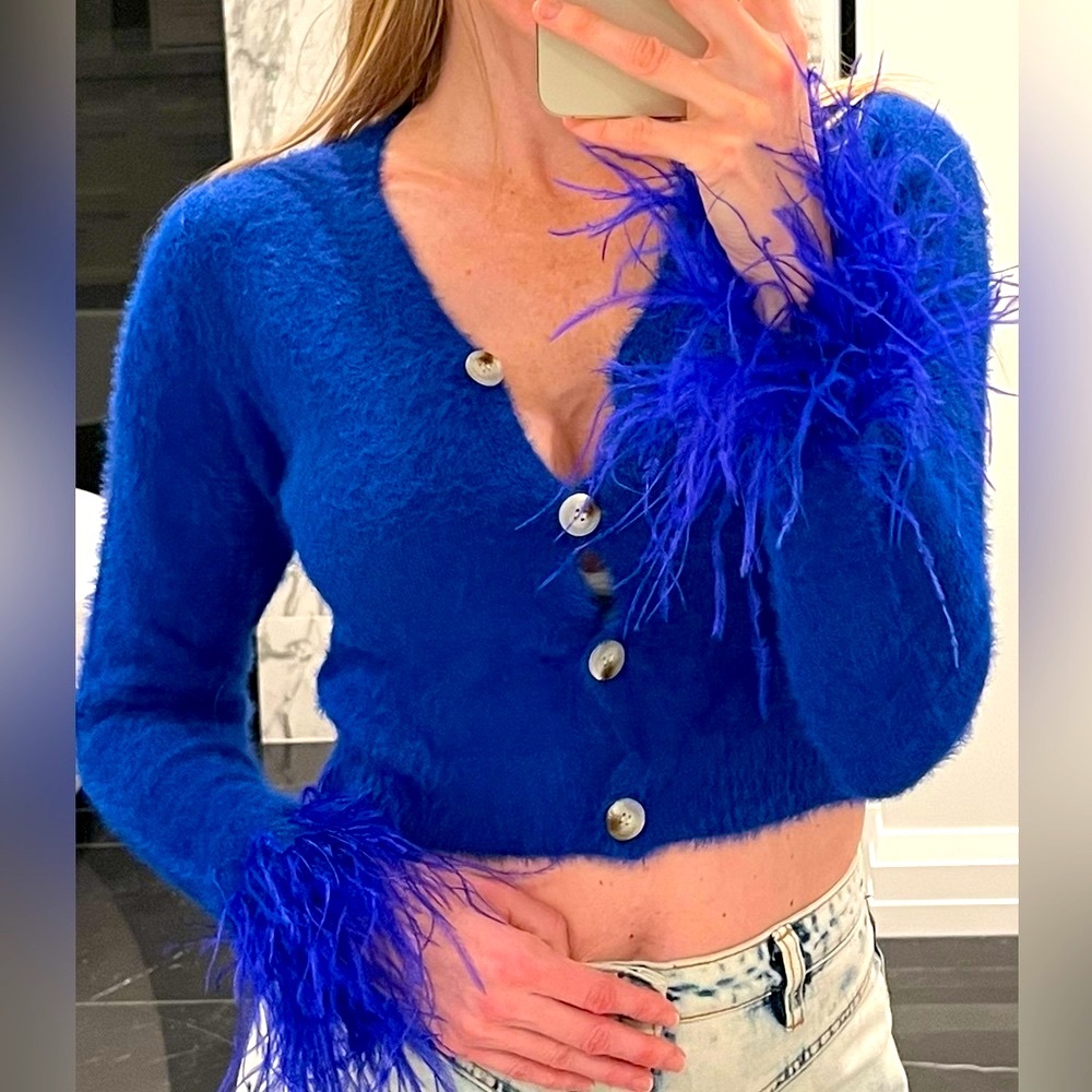 Blue feather trim cardigan